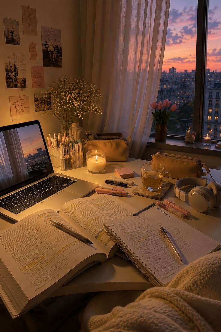 Escritorio de estudio al atardecer, con una notebook, apuntes subrayados, mate y una vista de la ciudad de fondo.
