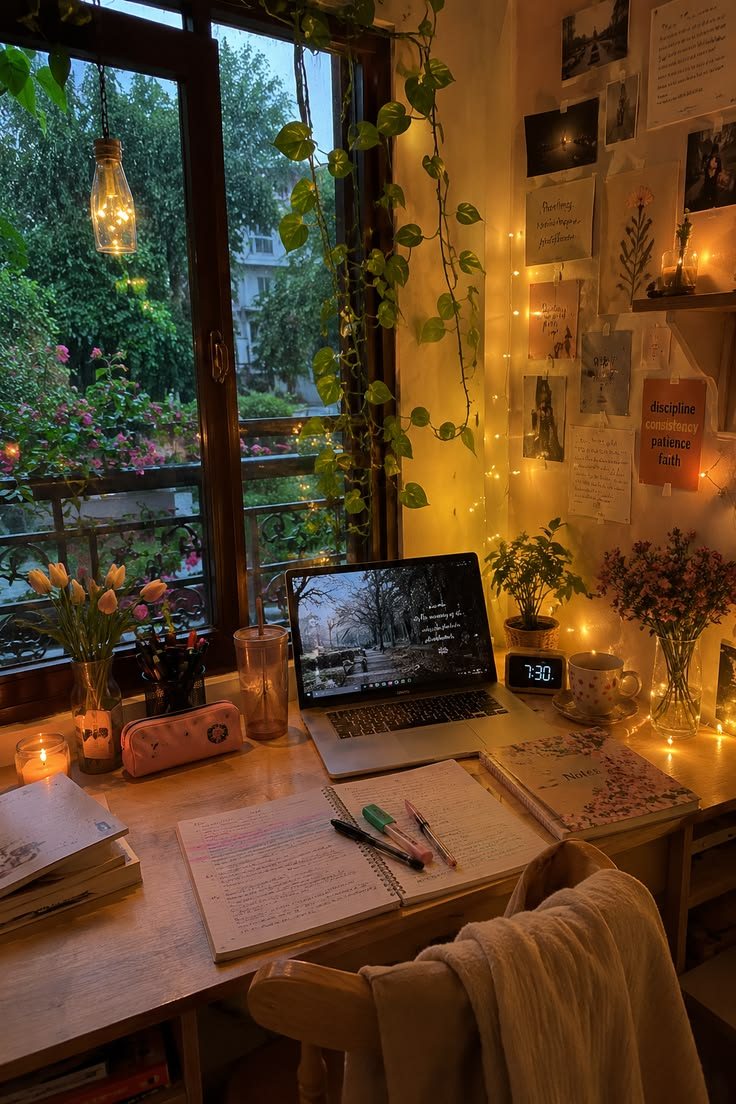 Escritorio de estudio de noche, con una notebook, apuntes, luces cálidas, flores y una ventana con vista a un jardín.